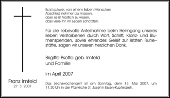 Traueranzeige von Franz Imfeld von Tageszeitung