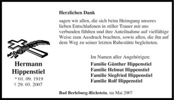 Traueranzeige von Hermann Hippenstiel von Tageszeitung