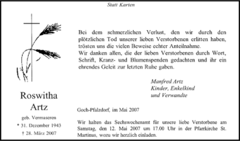 Traueranzeige von Roswitha Artz von Tageszeitung