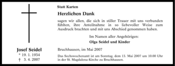 Traueranzeige von Josef Seidel von Tageszeitung