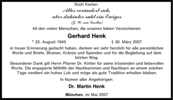 Traueranzeige von Gerhard Henk von Tageszeitung