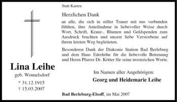 Traueranzeige von Lina Leihe von Tageszeitung