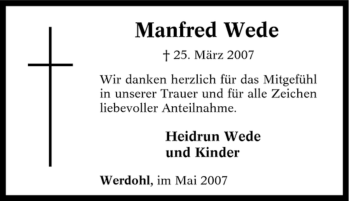 Traueranzeige von Manfred Wede von Tageszeitung