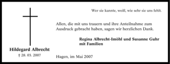 Traueranzeige von Hildegard Albrecht von Tageszeitung