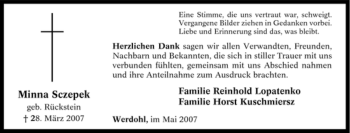 Traueranzeige von Minna Sczepek von Tageszeitung