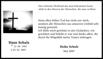Traueranzeige von Hans Schulz von Tageszeitung