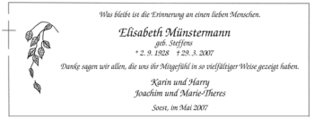 Traueranzeige von Elisabeth Münstermann von Tageszeitung
