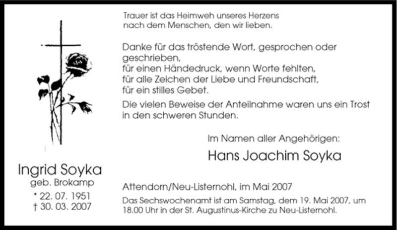 Traueranzeigen von Ingrid Soyka TrauerinNRW.de