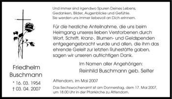 Traueranzeige von Friedhelm Buschmann von Tageszeitung