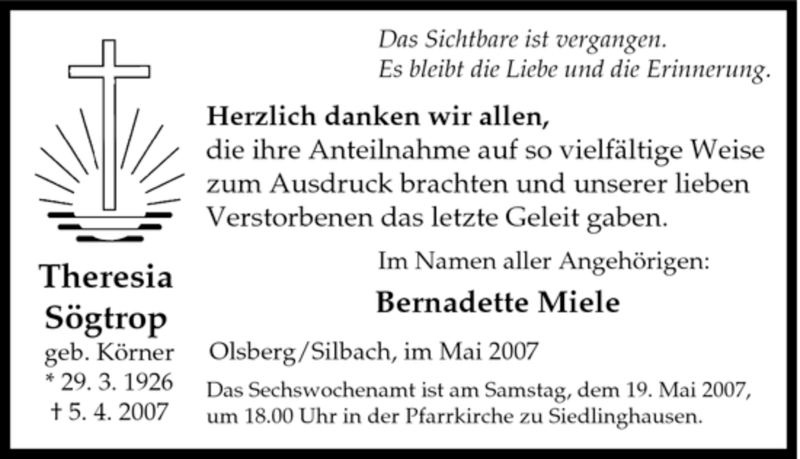 Traueranzeige für Theresia Sögtrop vom 12.05.2007 aus Tageszeitung