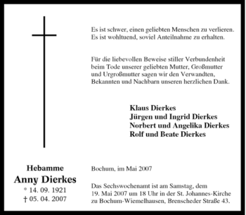Traueranzeige von Anny Dierkes von Tageszeitung