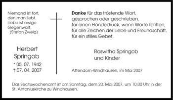 Traueranzeige von Herbert Springob von Tageszeitung