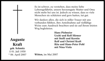 Traueranzeige von Auguste Kraft von Tageszeitung