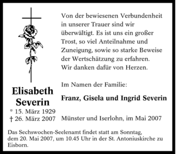 Traueranzeige von Elisabeth Severin von Tageszeitung