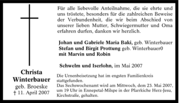 Traueranzeige von Christa Winterbauer von Tageszeitung