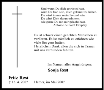 Traueranzeige von Fritz Rest von Tageszeitung