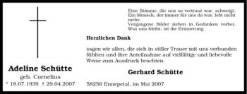 Traueranzeige von Adeline Schütte von Tageszeitung