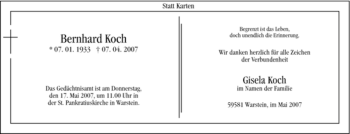 Traueranzeige von Bernhard Koch von Tageszeitung
