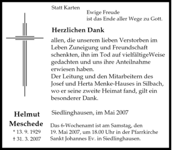 Traueranzeige von Helmut Meschede von Tageszeitung