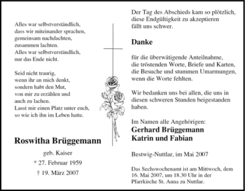 Traueranzeige von Roswitha Brüggemann von Tageszeitung