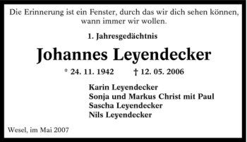 Traueranzeige von Johannes Leyendecker von Tageszeitung