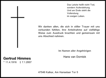 Traueranzeige von Gertrud Himmes von Tageszeitung