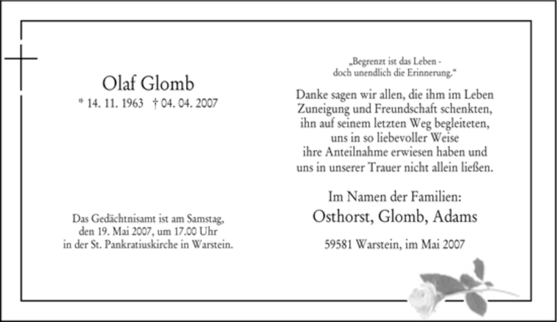  Traueranzeige für Olaf Glomb vom 12.05.2007 aus Tageszeitung