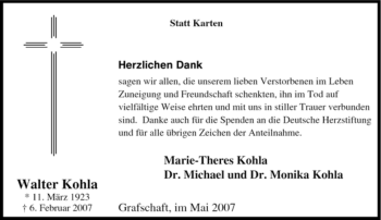 Traueranzeige von Walter Kohla von Tageszeitung