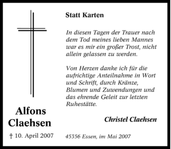Traueranzeige von Alfons Claehsen von Tageszeitung