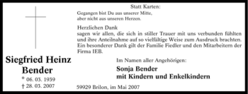 Traueranzeige von Siegfried Heinz Bender von Tageszeitung