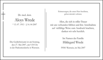 Traueranzeige von Aloys Wrede von Tageszeitung