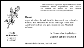 Traueranzeige von Frieda Möllenbeck von Tageszeitung