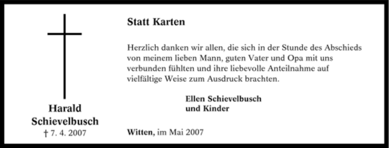  Traueranzeige für Harald Schievelbusch vom 12.05.2007 aus Tageszeitung