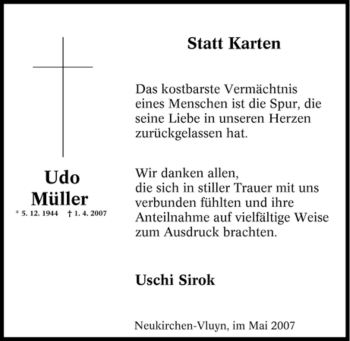 Traueranzeige von Udo Müller von Tageszeitung