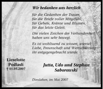 Traueranzeige von Lieselotte Podlasli von Tageszeitung