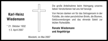 Traueranzeige von Karl-Heinz Wiedemann von Tageszeitung