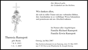 Traueranzeige von Theresia Ramspott von Tageszeitung