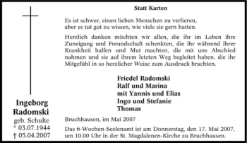 Traueranzeige von Ingeborg Radomski von Tageszeitung