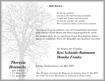 Traueranzeige von Theresia Hennecke von Tageszeitung