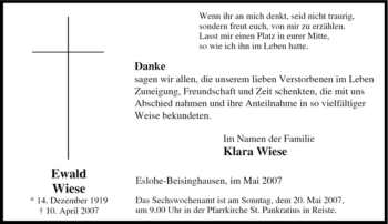 Traueranzeige von Ewald Wiese von Tageszeitung