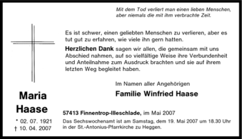 Traueranzeige von Maria Haase von Tageszeitung