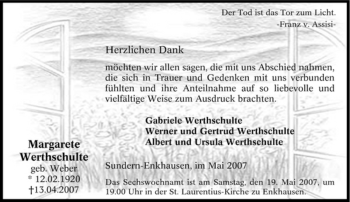 Traueranzeige von Margarete Werthschulte von Tageszeitung