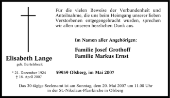 Traueranzeige von Elisabeth Lange von Tageszeitung
