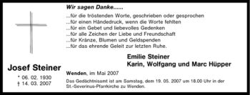 Traueranzeige von Josef Steiner von Tageszeitung