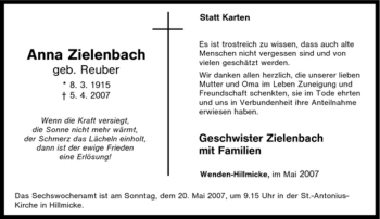 Traueranzeige von Anna Zielenbach von Tageszeitung