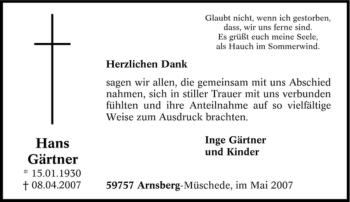 Traueranzeige von Hans Gärtner von Tageszeitung