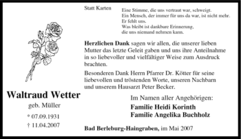 Traueranzeige von Waltraud Wetter von Tageszeitung