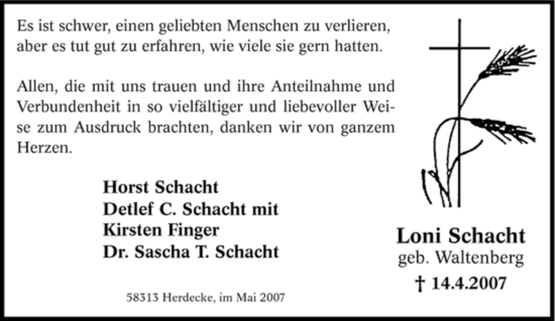  Traueranzeige für Loni Schacht vom 16.05.2007 aus Tageszeitung