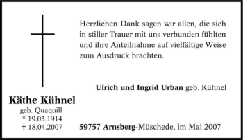 Traueranzeige von Käthe Kühnel von Tageszeitung