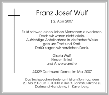 Traueranzeige von Franz Josef Wulf von Tageszeitung
